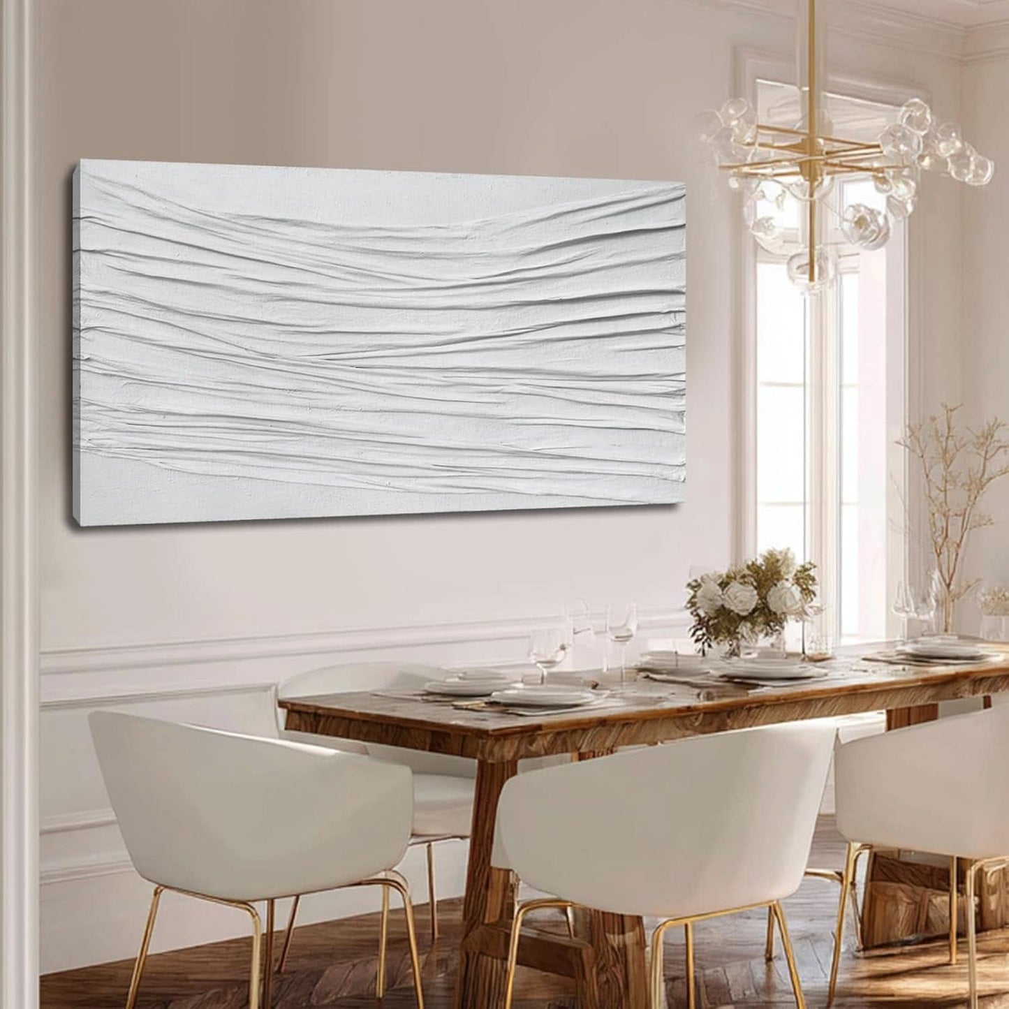 White Textured Abstract Canvas Wall Art 24x48 Modern Minimalist Decor