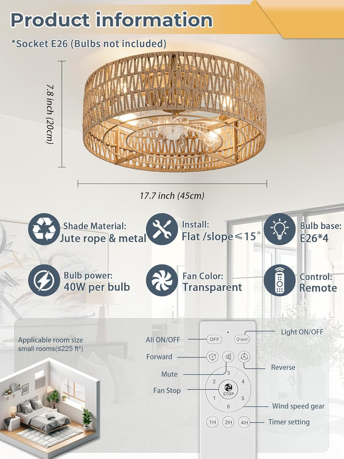 Bohemian Luminous Caged Flush Mount Ceiling Fan with Remote