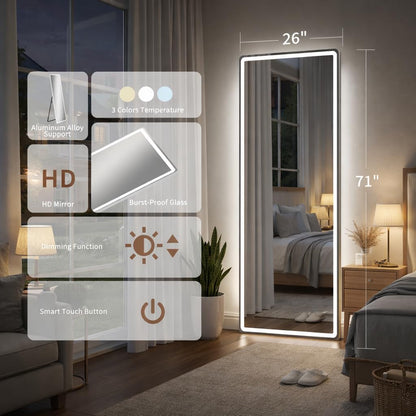 Statement LED Dimmable Full Length Mirror 71x26 Inches Aluminum Frame