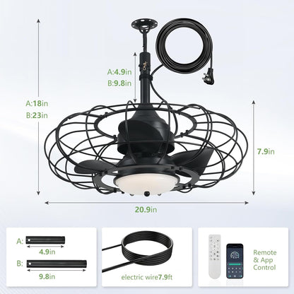 20 Inch Black Outdoor Ceiling Fan IP65 Weatherproof with Light and Remote