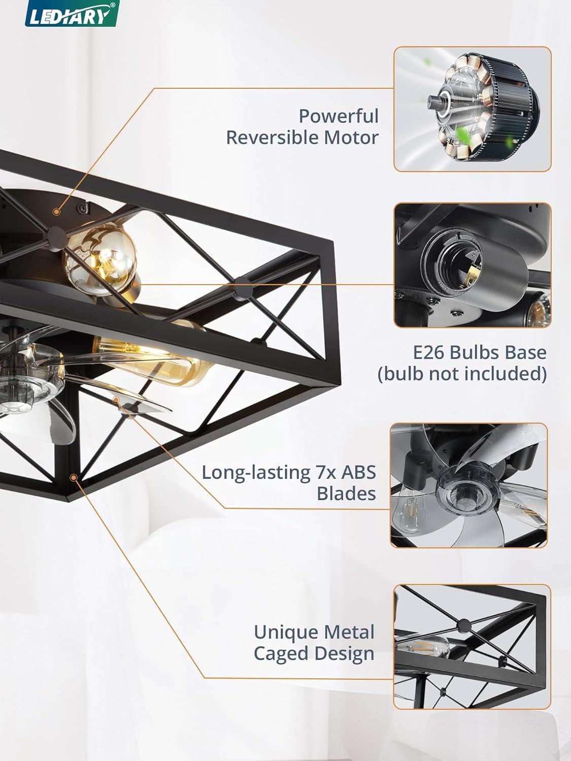Black Square Caged Flush Mount Ceiling Fan with Remote 6-Speed Reversible