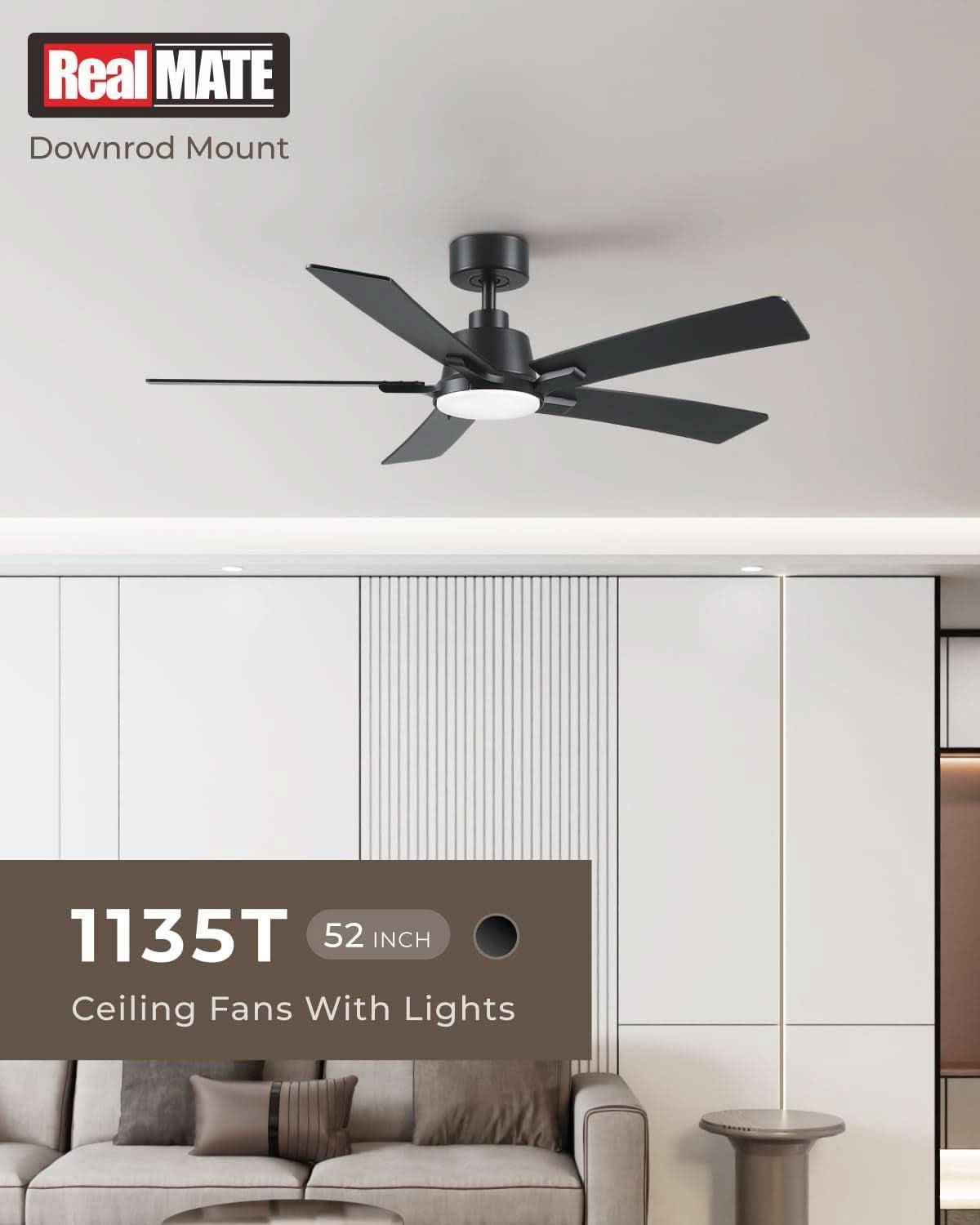52 Inch Black Ceiling Fan with Lights Remote 5 Blade LED