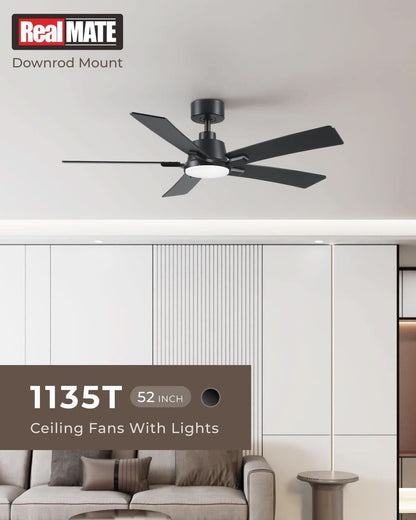 52 Inch Black Ceiling Fan with Lights Remote 5 Blade LED