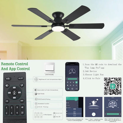 56Inch Jet Black Ultra Quiet Flush Mount Ceiling Fan with LED Dimming