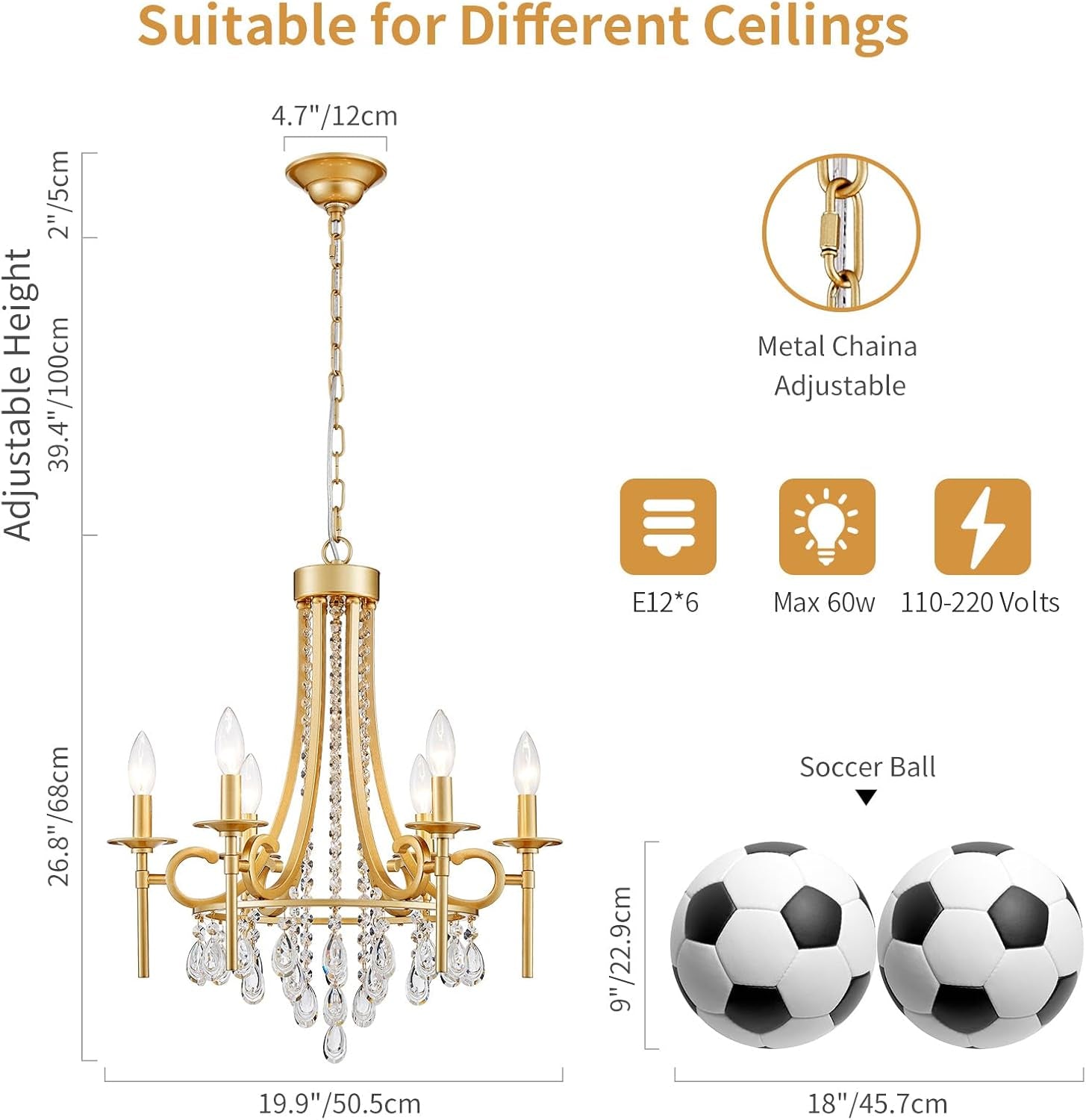 Gold Round Crystal Chandelier Six Luminaires Luxury Candle Light Fixture