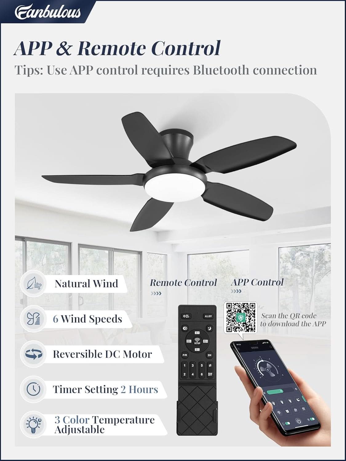 42 Inch Black Low Profile Ceiling Fan with LED Remote Control