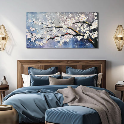 Blue White Plum Blossom Hand-Painted Canvas Wall Art 40x20 Inches