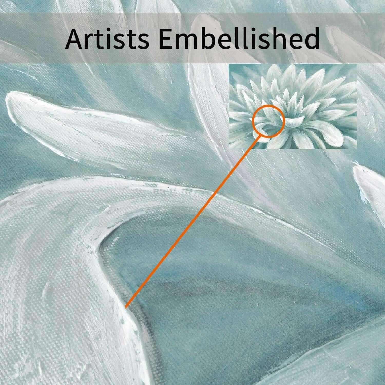 Close-up of a textured surface with a flower inset and 'Artists Embellished' text.