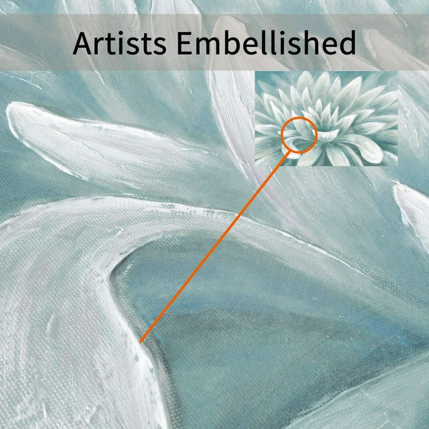 Close-up of a textured surface with a flower inset and 'Artists Embellished' text.
