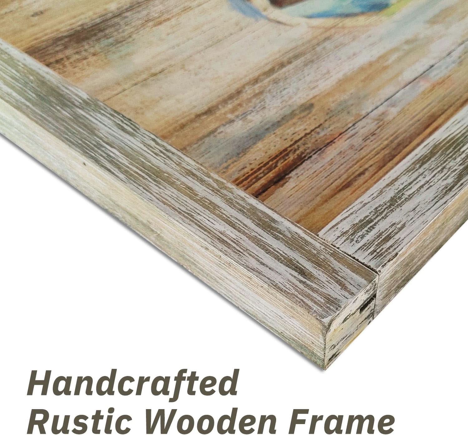 Close-up of a handcrafted rustic wooden frame with text 'Handcrafted Rustic Wooden Frame'.
