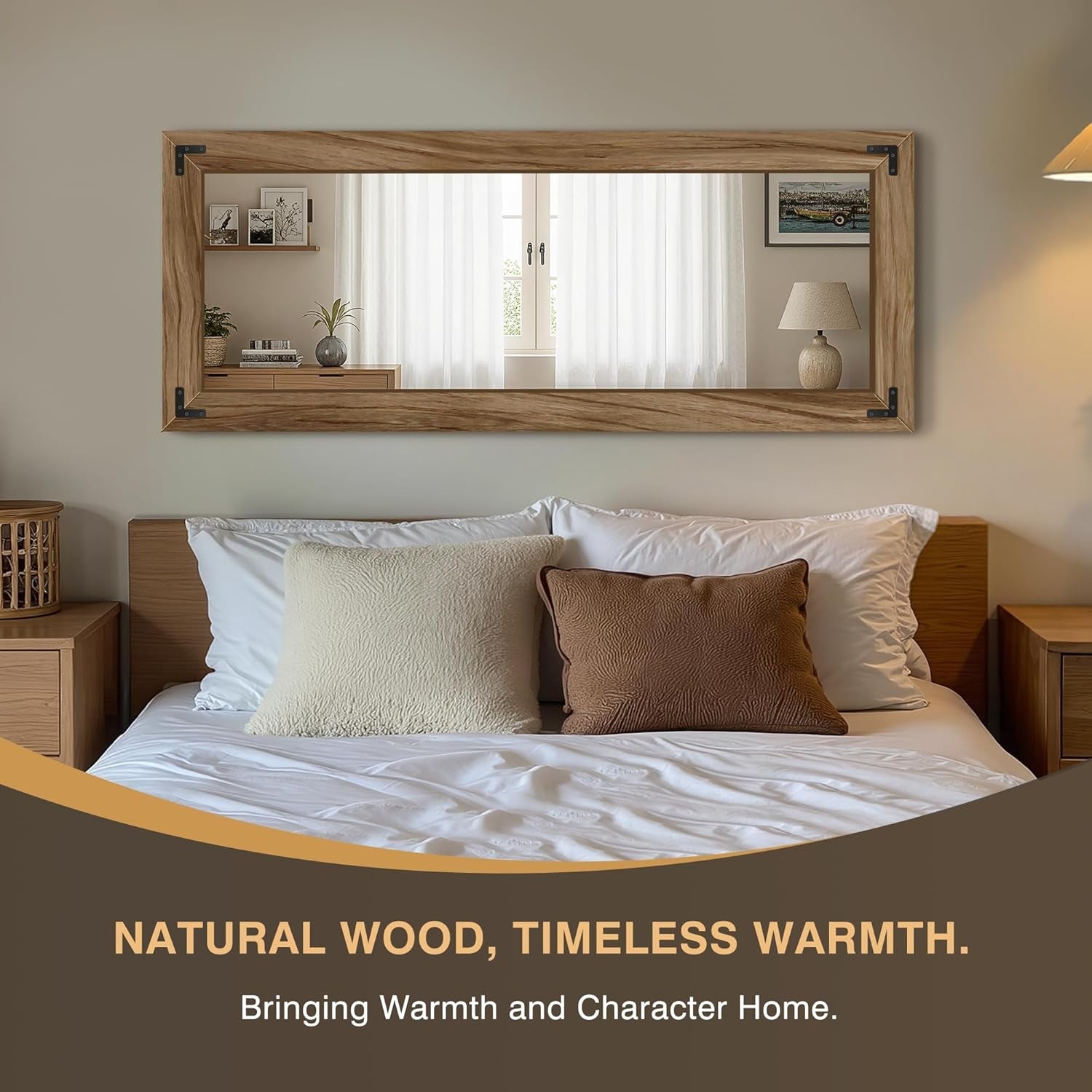 55 Inch Walnut Solid Wood Frame Floor Mirror with Black Metal Accents