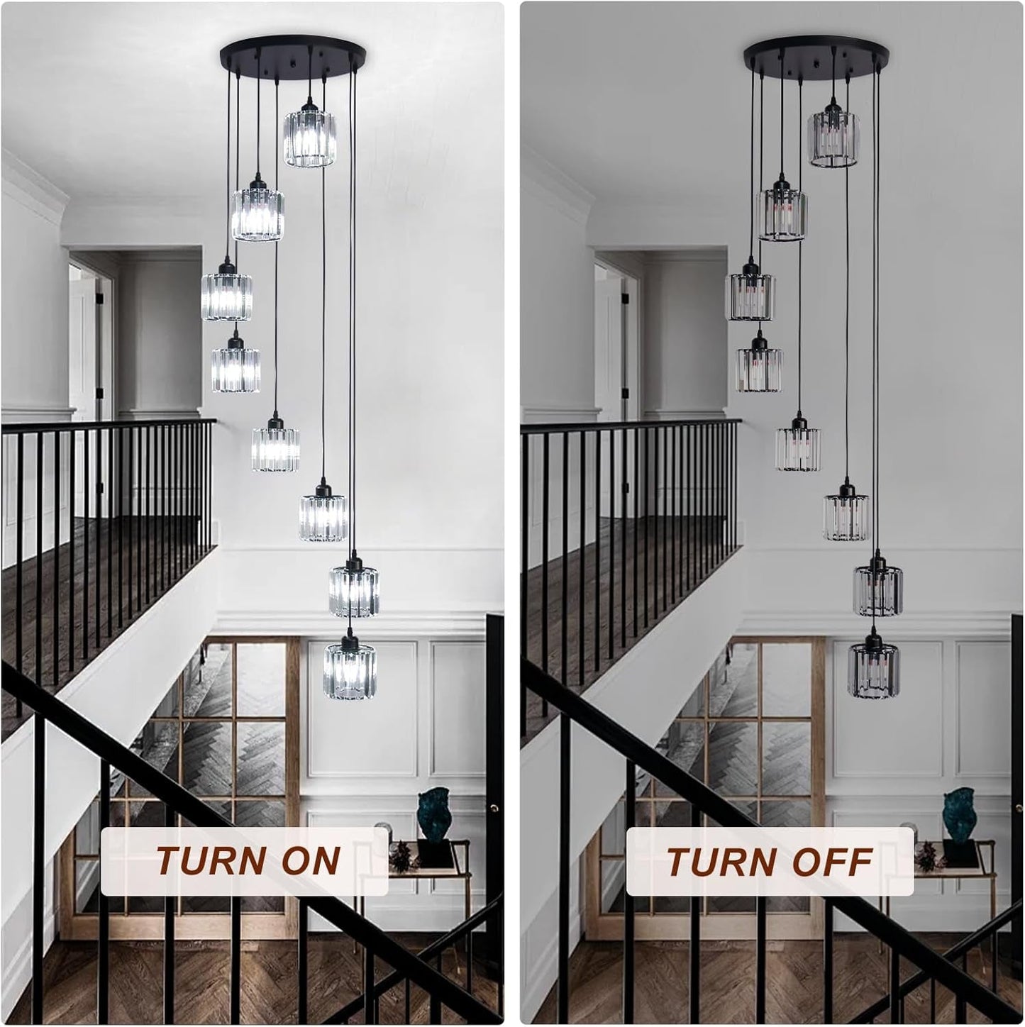 8-Light Black Crystal Pendant Chandelier Adjustable Ceiling Light