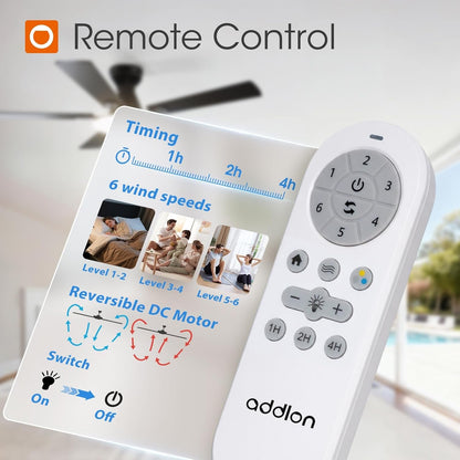 52 Inch Black Noiseless Ceiling Fan with Remote Control Light