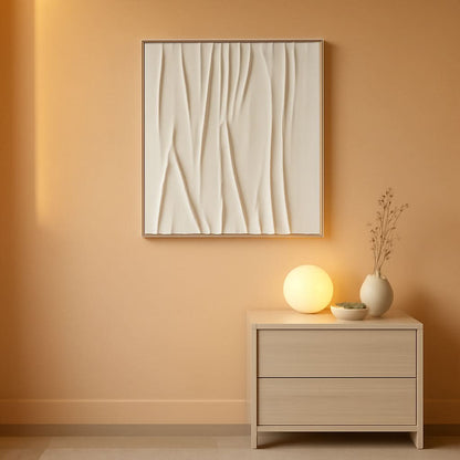 Modern interior with a framed abstract artwork on an orange wall, a wooden side table with a lamp and vase.