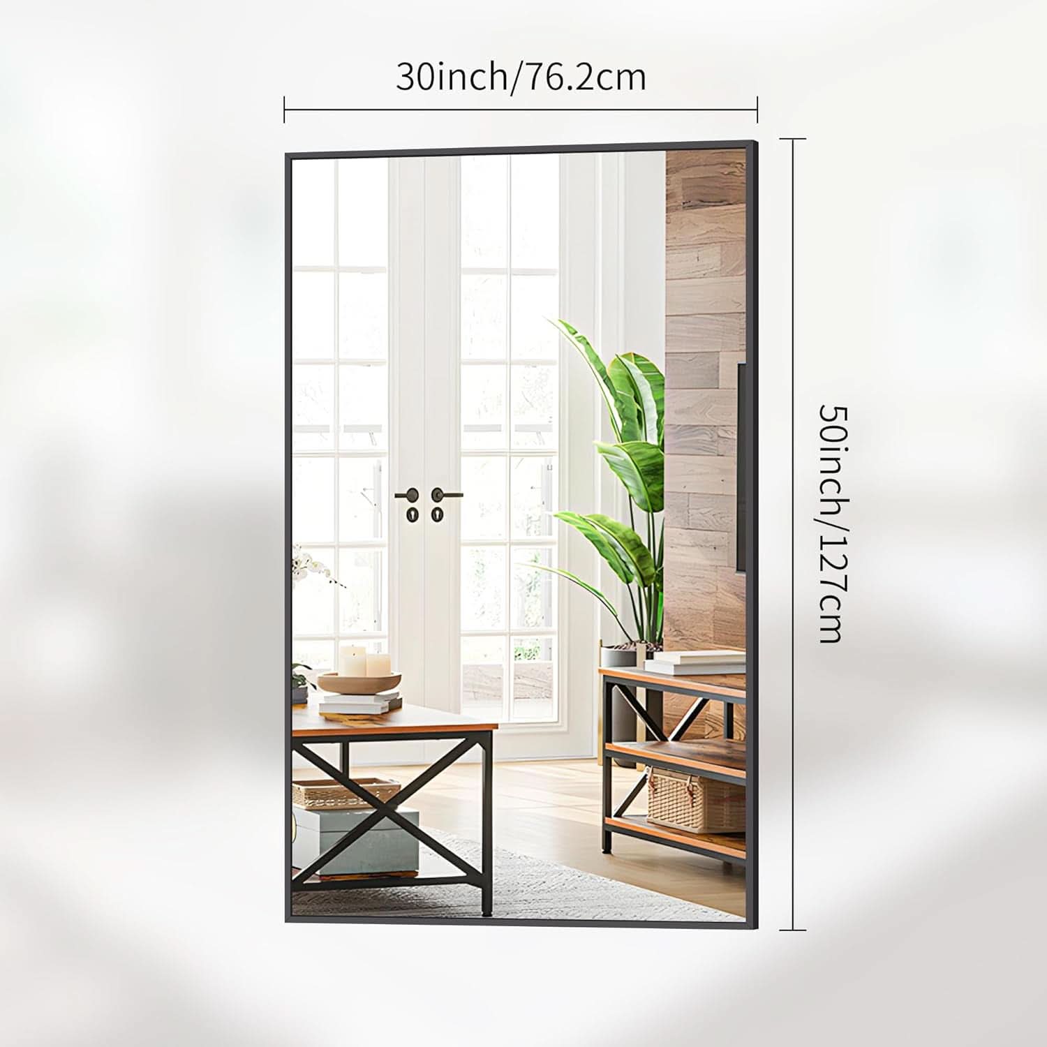 Full-length mirror with dimensions labeled on a white background