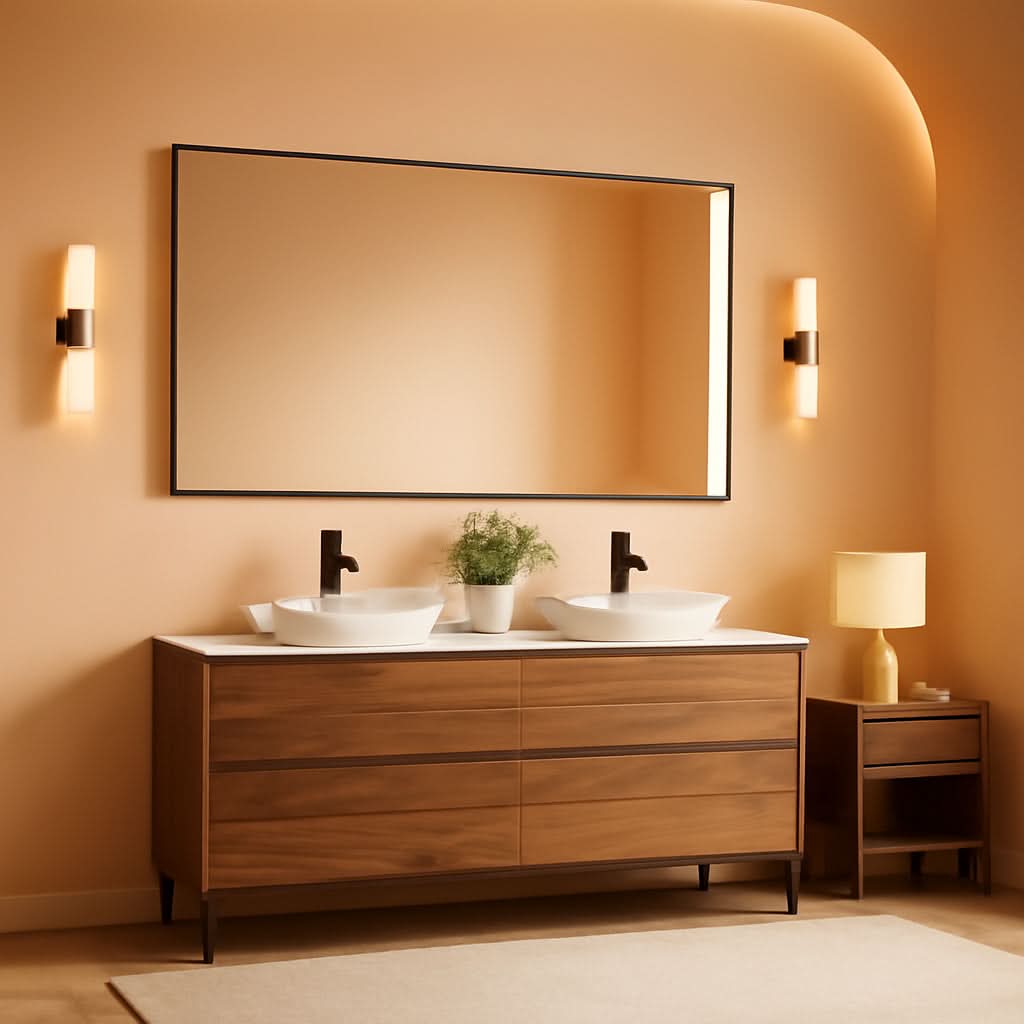 Bathroom vanity with two sinks, a large mirror, and decorative elements on a peach-colored wall.