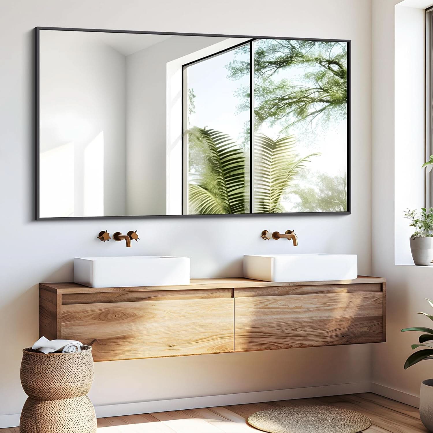 Bathroom with wooden vanity, white sinks, and large mirror reflecting greenery.