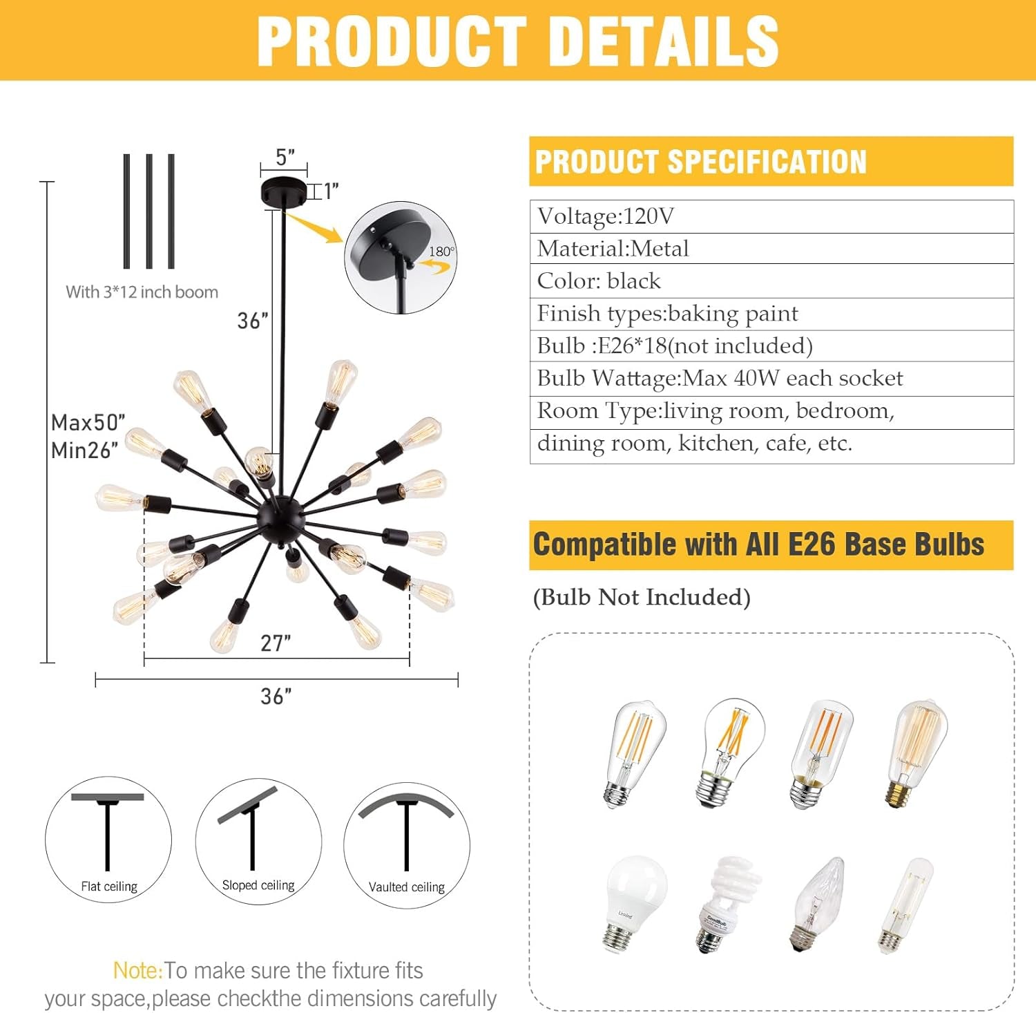 Product details of a black metal ceiling light fixture with specifications and bulb compatibility.