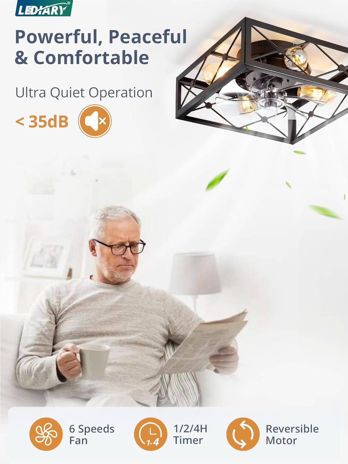 Man reading a newspaper with a ceiling fan above him, featuring LEDIARY brand and product features.