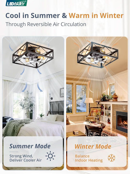 Ceiling light fixture with reversible air circulation modes shown in summer and winter settings.