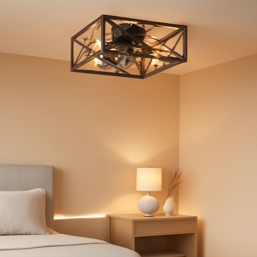 Modern ceiling light fixture in a bedroom setting with a bed and side table.