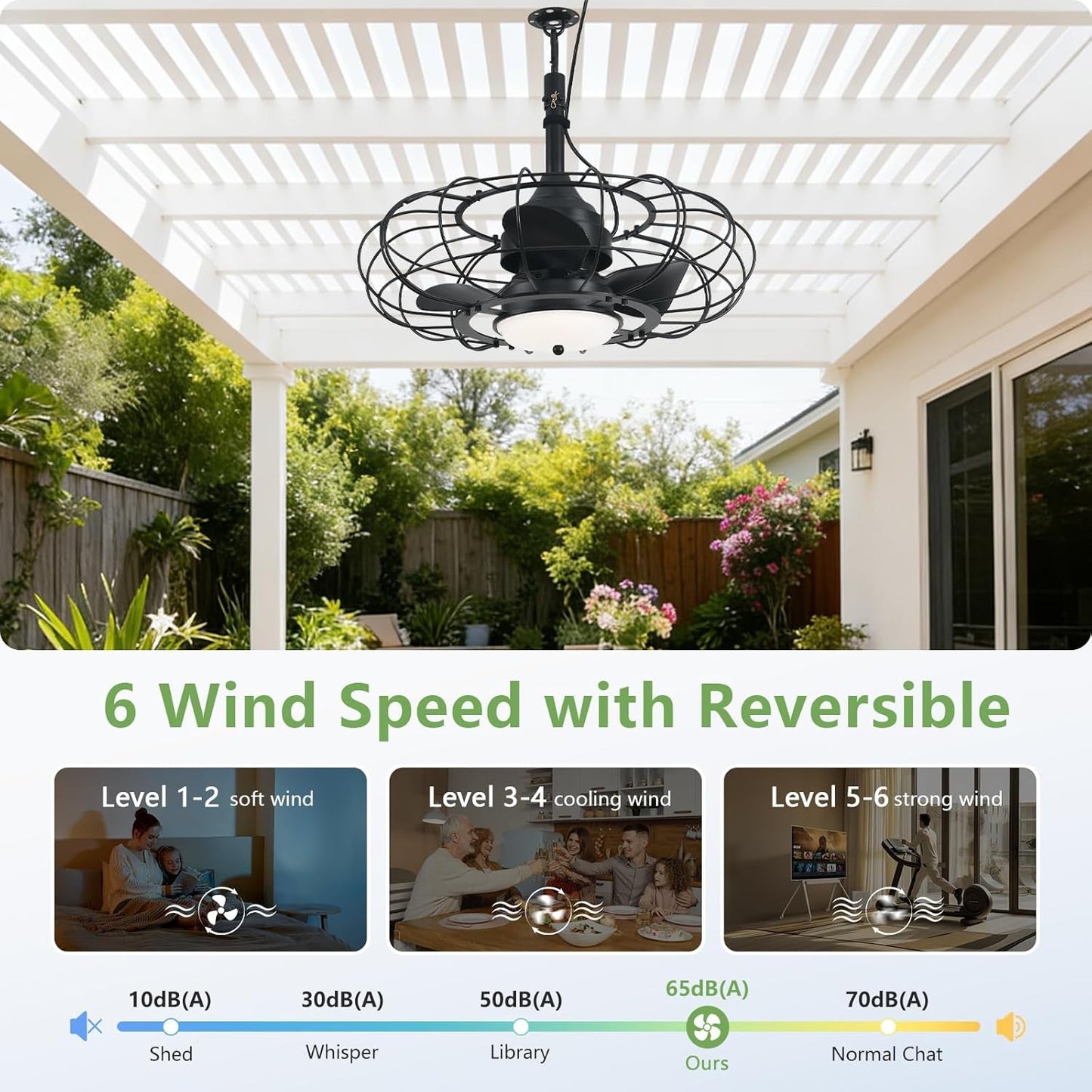20 Inch Black Outdoor Ceiling Fan IP65 Weatherproof with Light and Remote