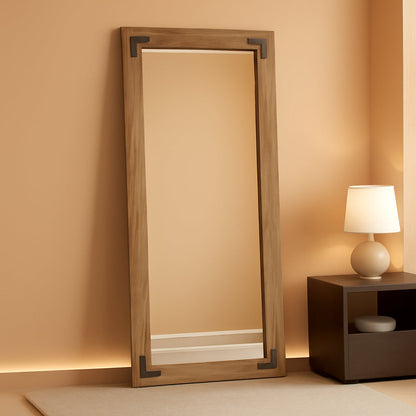 55 Inch Walnut Solid Wood Frame Floor Mirror with Black Metal Accents