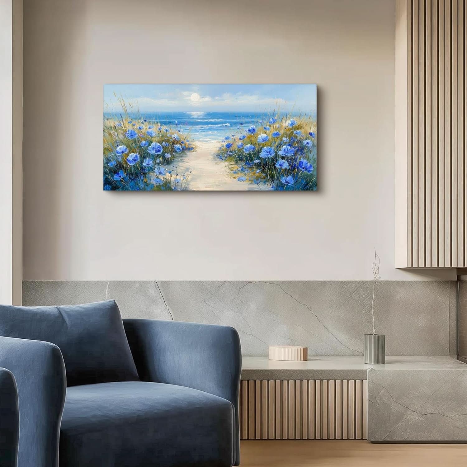 Cerulean Blue Oceanic Coastal Landscape Canvas Wall Art 20x40 Inches-1
