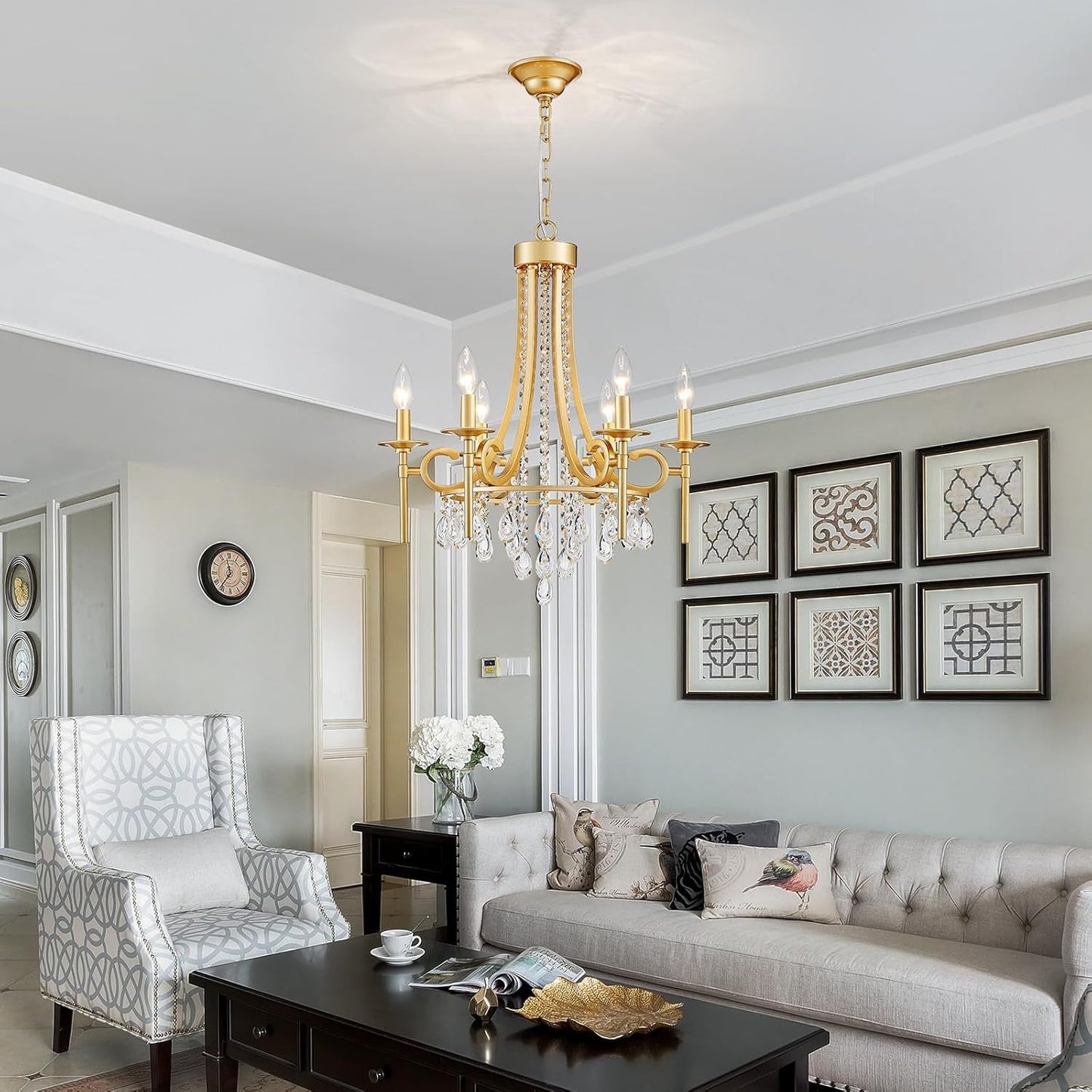 Gold Round Crystal Chandelier Six Luminaires Luxury Candle Light Fixture
