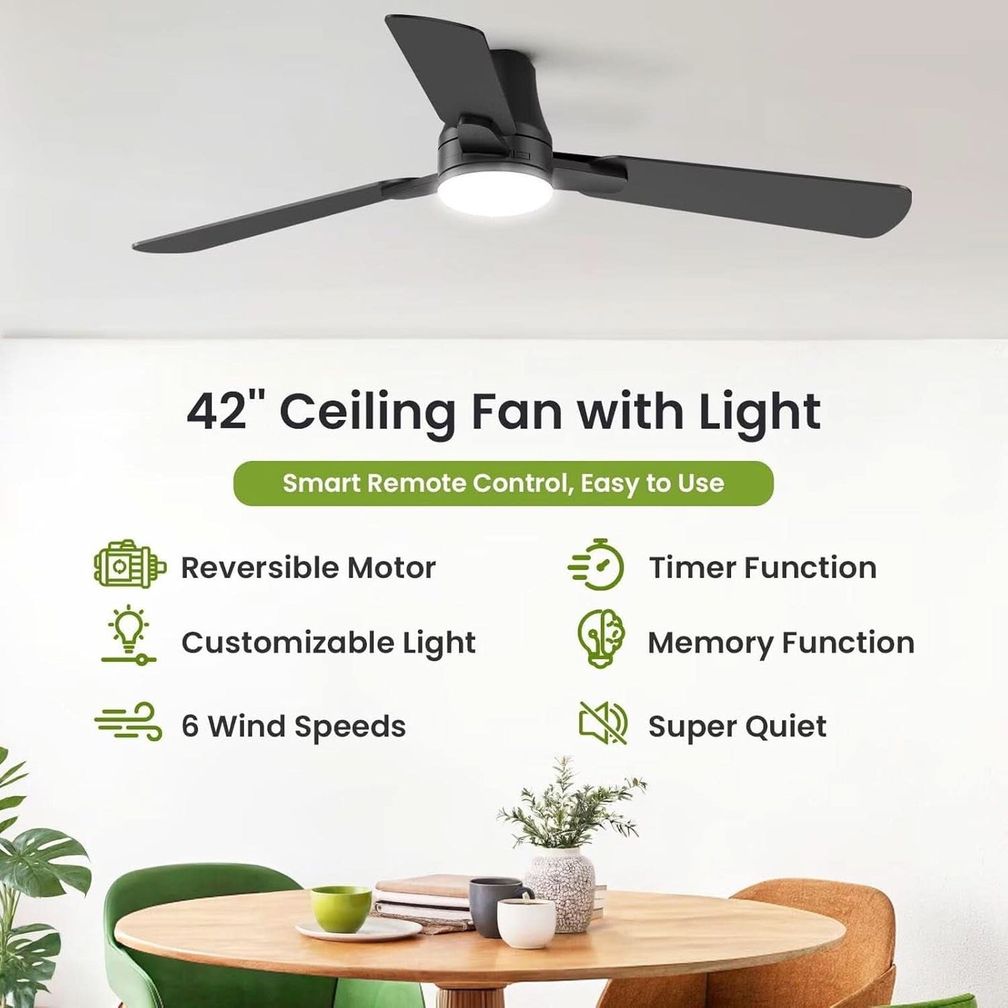 42 Inch Black Ceiling Fan with Light Energy Efficient Remote Control