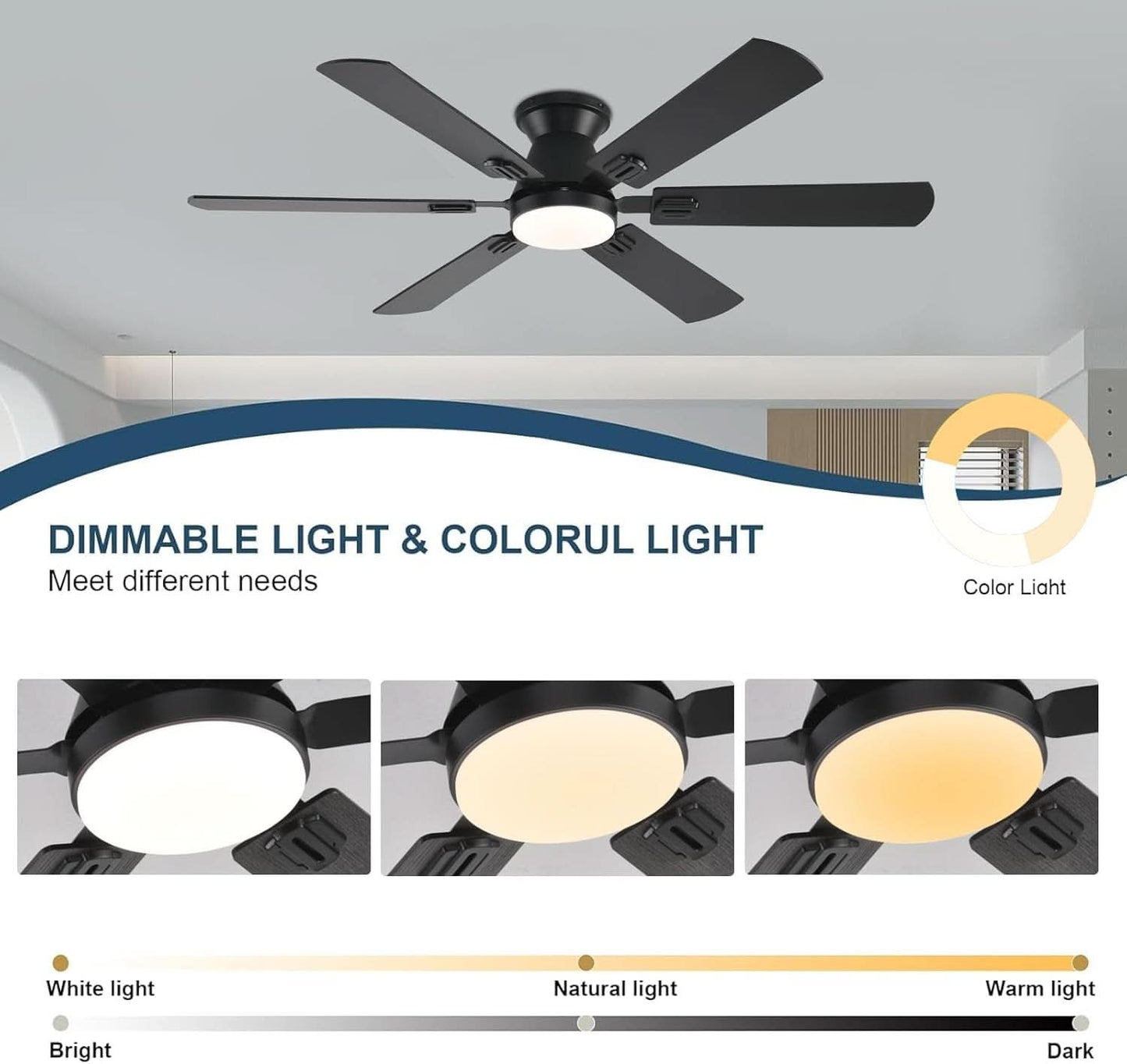 56Inch Jet Black Ultra Quiet Flush Mount Ceiling Fan with LED Dimming