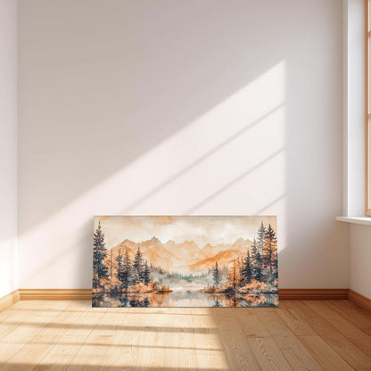 Scenic painting of a lake and trees on a wall in a room with wooden floor and white walls.