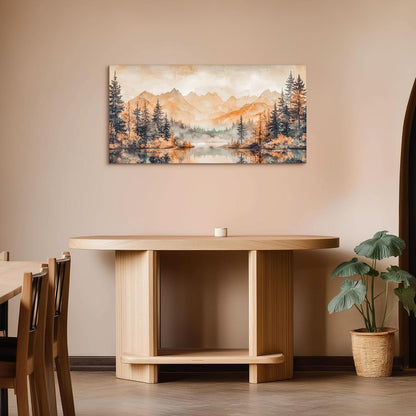 Dining room with wooden table, chairs, and a landscape painting on the wall.
