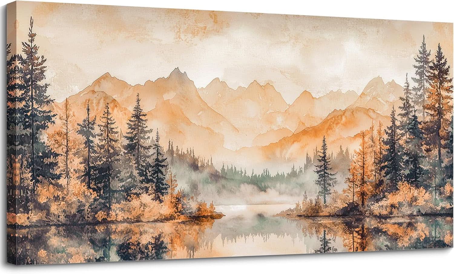 Canvas print of a landscape with trees, mountains, and a lake.