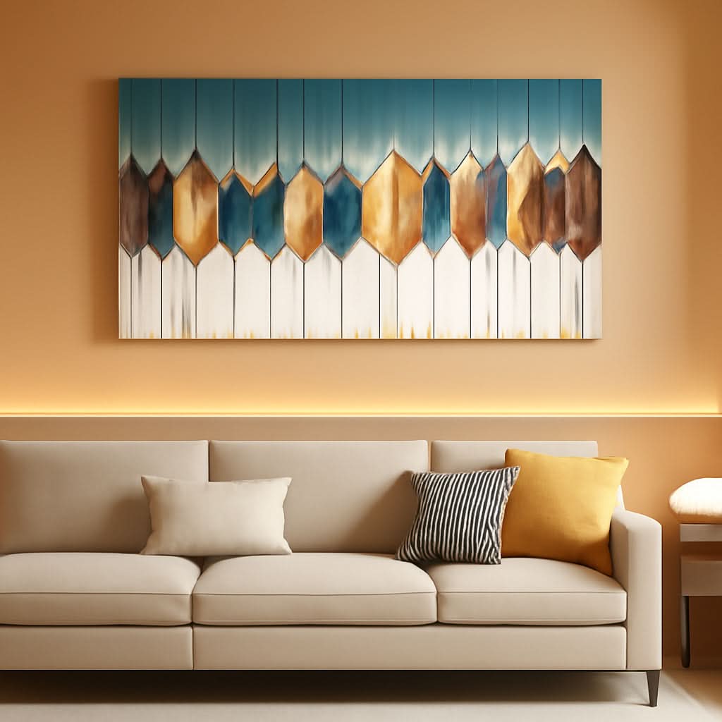 Abstract wall art above a beige sofa with decorative pillows in a living room setting.