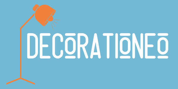 A flat graphic with an orange floor lamp on the left and the word 'DECORATIONEO' in large white letters on a light blue background.