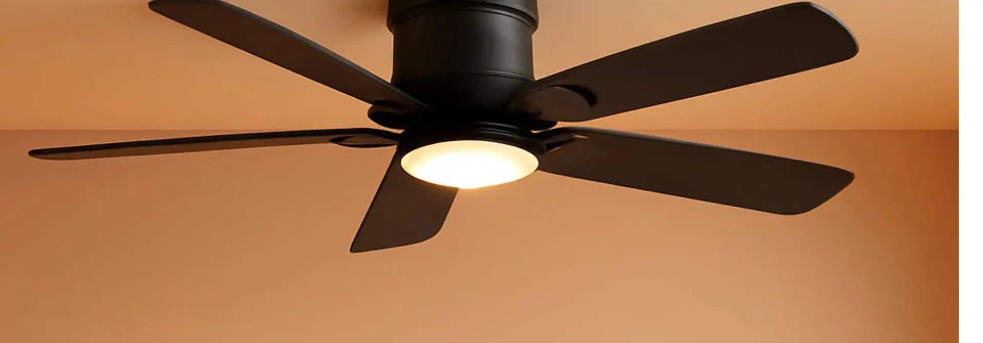 A black five-blade ceiling fan with an integrated light fixture, shown mounted against a warm beige wall and ceiling.