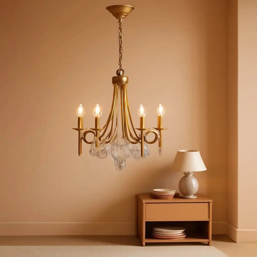 Gold chandelier hanging above a wooden side table with a lamp against a beige wall.
