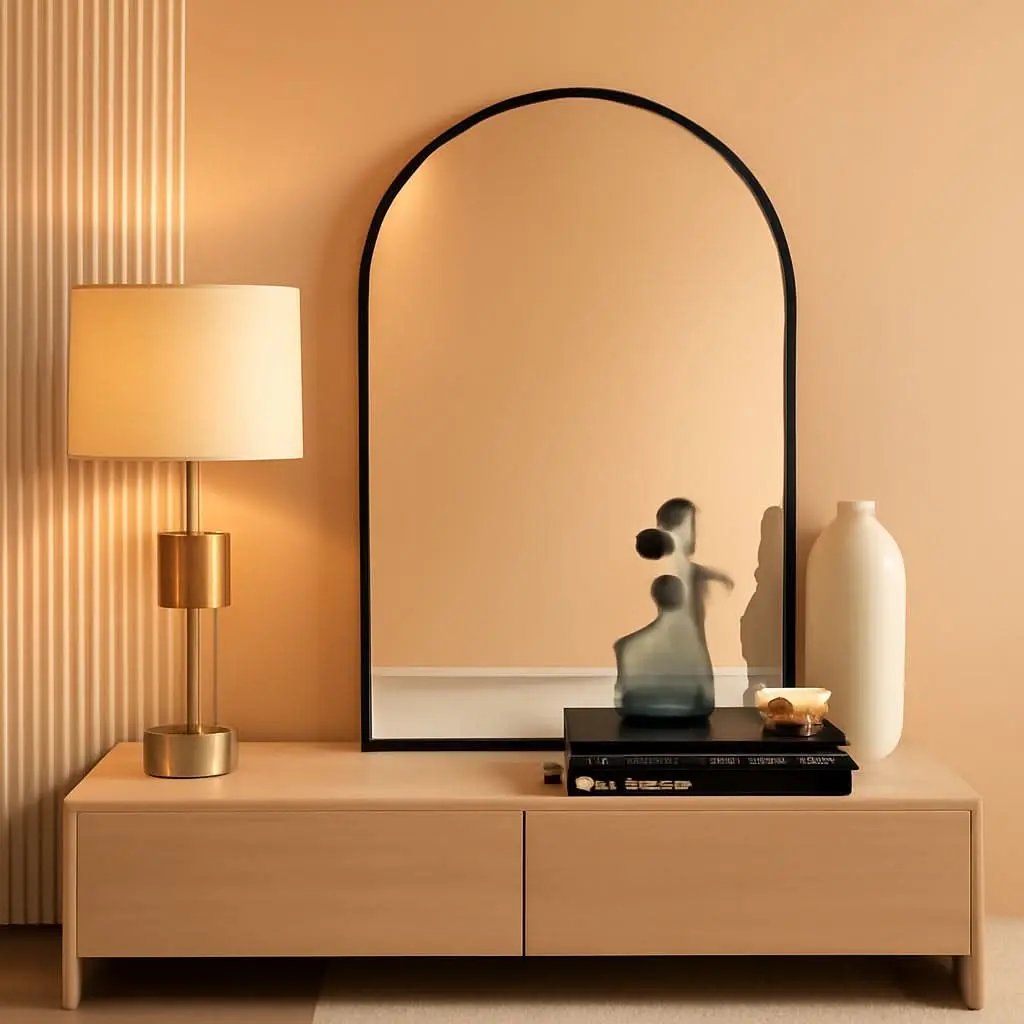 Modern interior with a lamp, mirror, and decorative items on a wooden console against a beige wall.