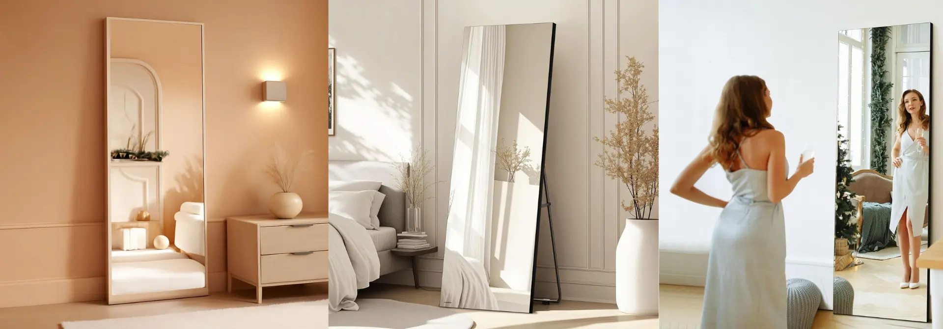A three-panel lifestyle collage showcasing floor-length mirrors in a warm, modern interior. The left panel shows a tall rectangular mirror in a peach-toned bedroom.