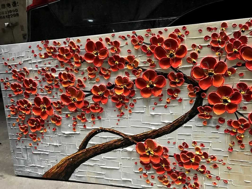 60x120 cm Hand Painted Oil Painting Scarlet Flowers Wall Art