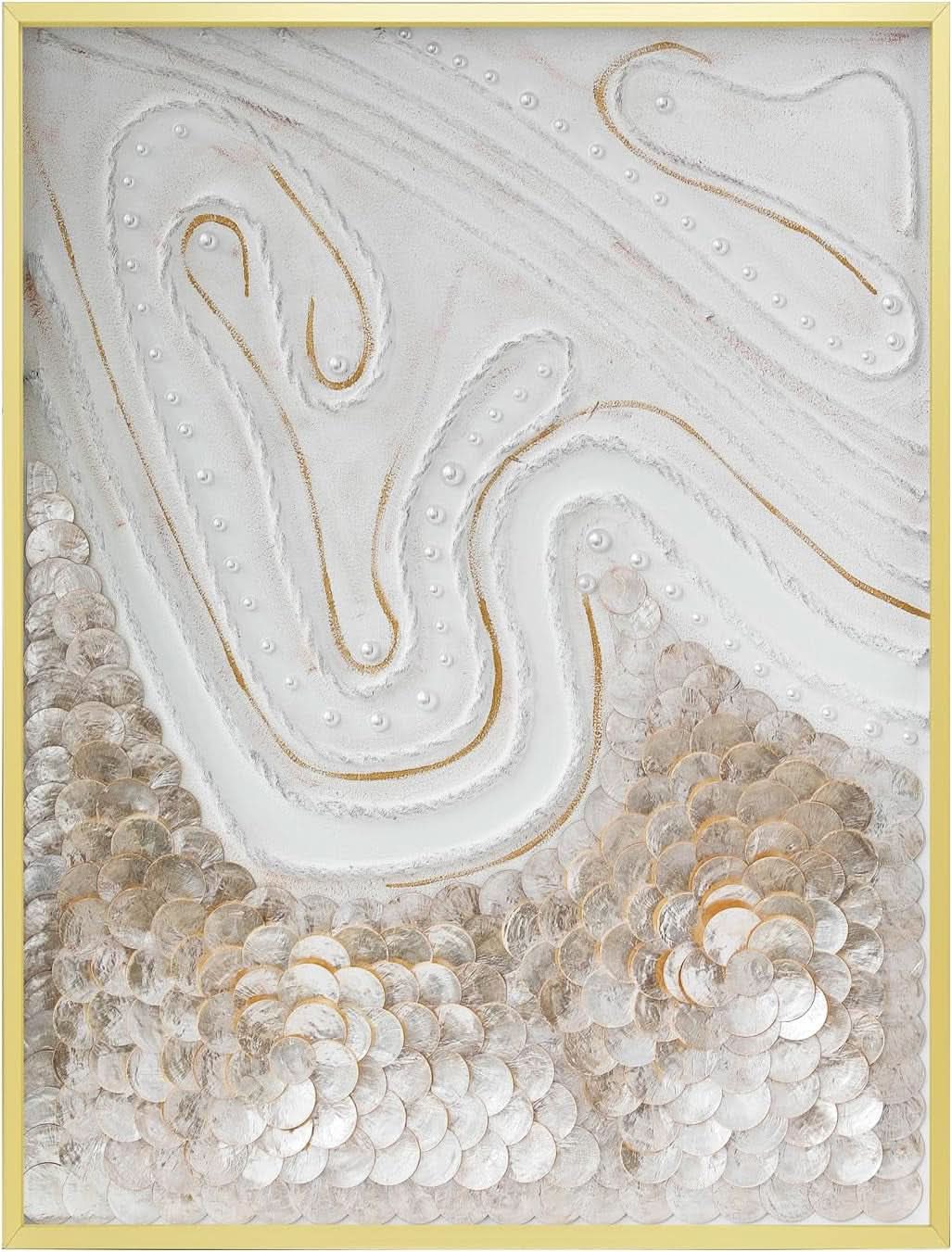 Framed Capiz Shell Abstract Wall Art 23.6x31.5 Coastal Decor Gold Frame-0