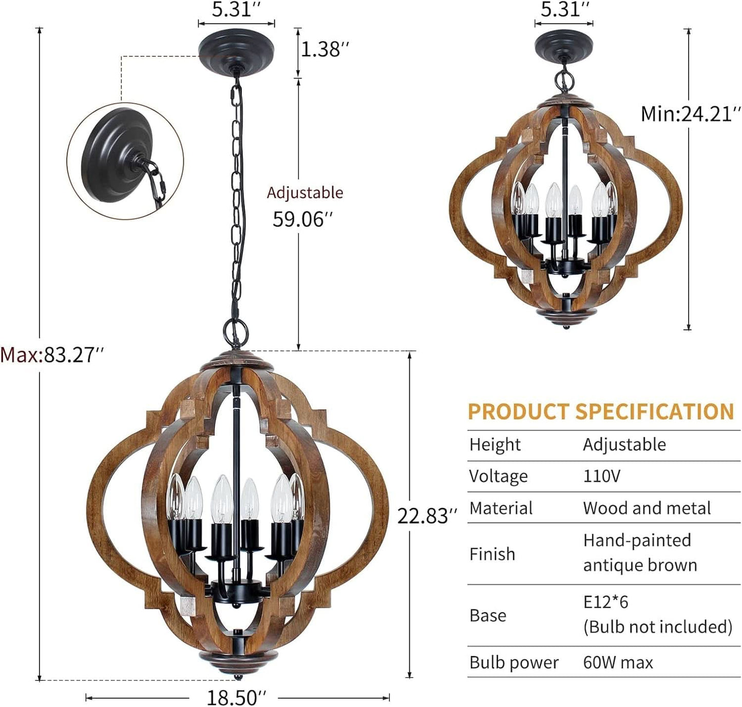 Six Light Farmhouse Chandelier Rustic Black Metal Wood Ceiling Light