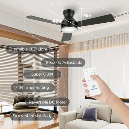 42 Inch Matte Black Low Profile Ceiling Fan with Dimmable LED Light
