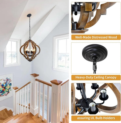 Six Light Farmhouse Chandelier Rustic Black Metal Wood Ceiling Light