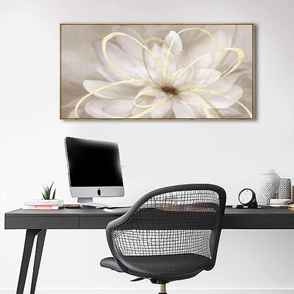 Modern office setup with a desk, chair, and decorative wall art.