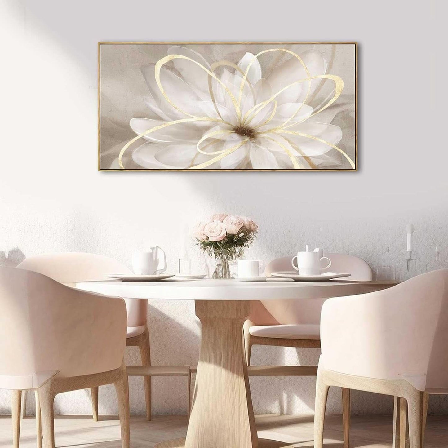 Dining room with a round table, chairs, and a large floral painting on the wall.