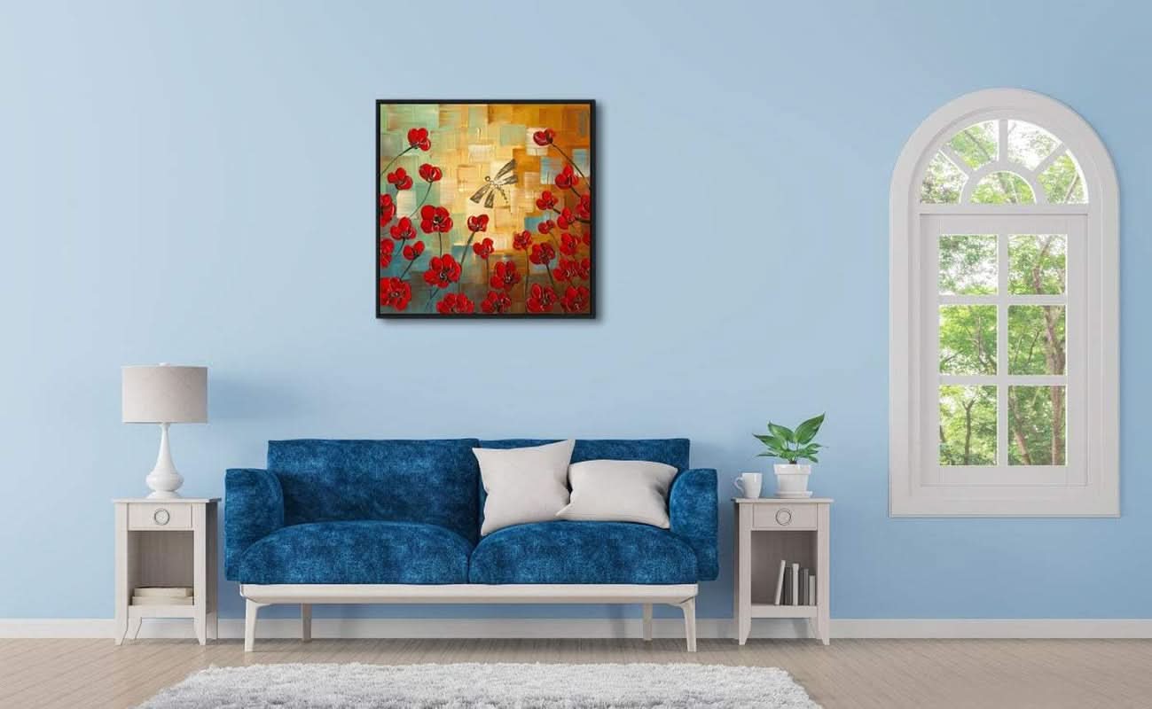 Living room with a blue sofa, lamp, and abstract painting on a light blue wall.