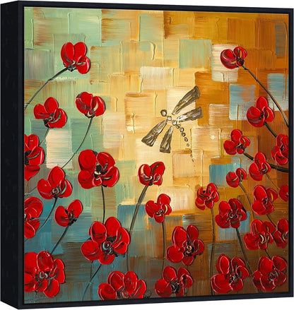 Abstract painting with red flowers and a dragonfly on a textured background
