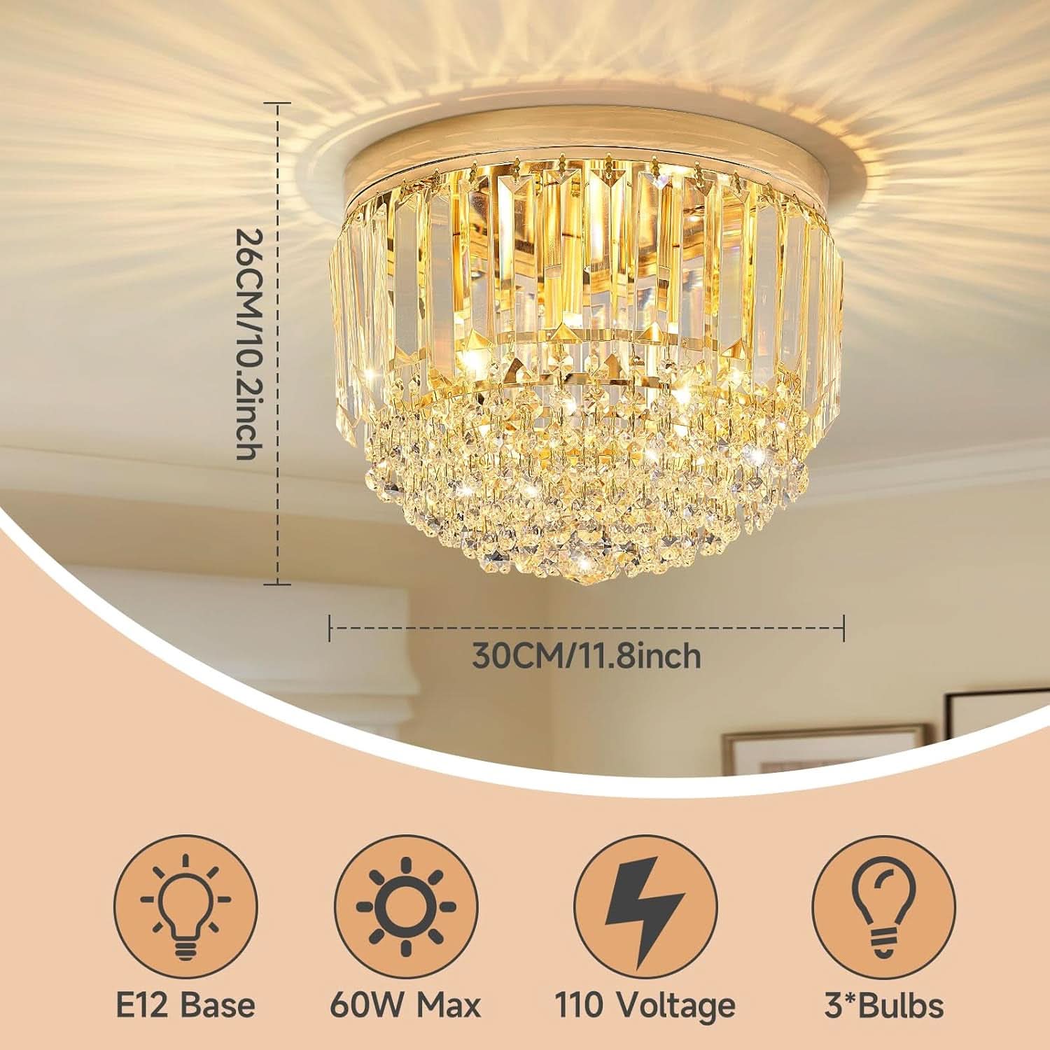 Gold chandelier with dimensions and specifications on a beige background